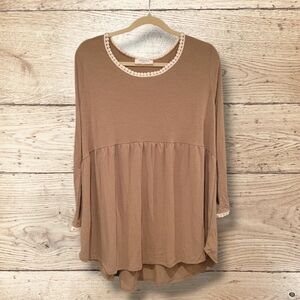 Zenana Womens XL 3/4 Sleeve Brown Blouse With PomPom Trim